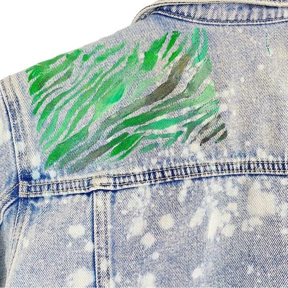 Handmade Jean Jacket Womens Small Denim Floral Mandala Blue Green Gold Upcycled - Picture 10 of 14